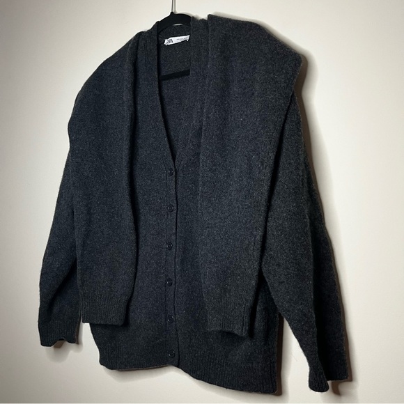 Zara 100% Wool Oversized Preppy Knotted Charcoal Grey Warm Cozy Sweater Cardigan - Picture 8 of 12